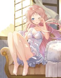 1girl armchair atelier_(series) atelier_meruru atelier_questboard bare_shoulders barefoot blonde_hair blue_eyes breasts chair cleavage commentary_request curtains dress frilled_dress frills full_body indoors knees_up long_hair looking_at_viewer merurulince_rede_arls official_art one_eye_closed open_mouth open_window pillow pink_ribbon ribbon rubbing_eyes second-party_source short_dress sitting sleepy solo strap_slip white_dress wind window