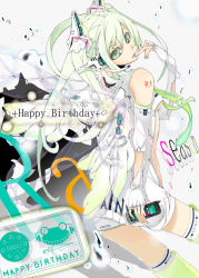 Rule 34 | 1girl, breasts, cellphone, detached sleeves, female focus, green eyes, green hair, happy birthday, hatsune miku, highres, long hair, matching hair/eyes, necktie, phone, small breasts, solo, thighhighs, twintails, umbrella, underboob, very long hair, vocaloid, white background, wings, yume koreshiki