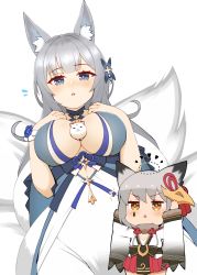 Rule 34 | 2girls, ^^^, animal between breasts, animal ear fluff, animal ears, azur lane, bare shoulders, between breasts, blue collar, blue dress, blue eyes, blunt bangs, blush, breast suppress, breasts, brown eyes, cap105, cleavage, collar, commentary request, cowboy shot, dress, flying sweatdrops, fox ears, fur-trimmed kimono, fur trim, grey hair, hair between eyes, hair ornament, halter dress, halterneck, hamster, highres, japanese clothes, kimono, large breasts, long hair, looking at viewer, multiple girls, multiple tails, red skirt, shinano (azur lane), shinano (dreams of the hazy moon) (azur lane), short hair, sidelocks, simple background, skirt, standing, suzutsuki (azur lane), tail, teardrop, triangle mouth, very long hair, white background, white kimono, white tail, wide sleeves