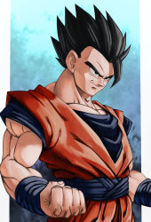 Rule 34 | 1boy, arms at sides, black eyes, black hair, cowboy shot, dougi, dragon ball, dragonball z, highres, looking to the side, male focus, muscular, muscular male, aged up, orange shirt, shirt, short hair, short sleeves, solo, son gohan, spiked hair, studio viga, thick eyebrows