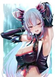 Rule 34 | 1girl, nanashi inc., armpits, arms up, between breasts, black jacket, blush, breasts, cleavage, cone hair bun, demon girl, demon horns, detached sleeves, hair bun, highres, honey strap, horns, jacket, large breasts, long hair, long sleeves, looking at viewer, midriff, multicolored hair, necktie, necktie between breasts, open mouth, pink hair, red eyes, red necktie, shinomu (cinomoon), silver hair, smile, solo, suou patra, upper body, virtual youtuber