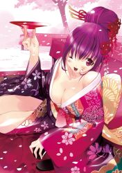 Rule 34 | 1girl, alcohol, breasts, cherry blossoms, cup, flower, hair flower, hair ornament, japanese clothes, kimono, large breasts, non-web source, one eye closed, open clothes, open kimono, open mouth, original, petals, purple eyes, purple hair, sakazuki, sake, solo, ueda ryou, wink