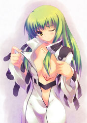 Rule 34 | 1girl, aoi sora-maru, blush, bodysuit, breasts, c.c., code geass, female focus, gradient background, green hair, highres, large breasts, long hair, one eye closed, scar, solo, straitjacket, undressing, wince, wink, yellow eyes