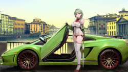 Rule 34 | 1girl, :d, absurdres, ahoge, ascot, azur lane, bare shoulders, black gloves, breasts, bridge, canal, car, city, cleavage, cleavage cutout, closed umbrella, clothing cutout, commentary, detached collar, elbow gloves, fingerless gloves, full body, giuseppe garibaldi (azur lane), gloves, green hair, green jacket, high heels, highres, holding, holding umbrella, jacket, jewelry, kcar66t, lamborghini, lamborghini murcielago, large breasts, leotard, location request, long hair, looking at viewer, motor vehicle, multicolored hair, off shoulder, open mouth, outdoors, race queen, red ascot, red eyes, red footwear, red hair, red nails, sidelocks, skindentation, smile, solo, standing, streaked hair, thighhighs, umbrella, white leotard, white thighhighs, zipper