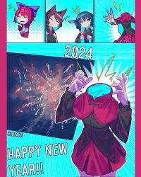Rule 34 | !, !!, 2024, 3girls, animal ears, artist name, blue background, blue bow, blue hair, bow, brown hair, cloak, commentary, corporalblake, disembodied head, drill hair, drill sidelocks, emphasis lines, english commentary, fins, grass root youkai network, hair bow, happy new year, head fins, highres, imaizumi kagerou, long hair, long sleeves, multiple girls, new year, red skirt, sekibanki, sidelocks, skirt, touhou, wakasagihime, wolf ears, wolf girl
