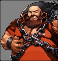 Rule 34 | 1boy, bad id, bad pixiv id, bald, ball and chain (weapon), beard, blue eyes, chain, chang koehan, emmakof, eyebrows, facial hair, highres, huge weapon, male focus, solo, the king of fighters, the king of fighters xiv, thick eyebrows, weapon