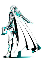Rule 34 | 1boy, aqua theme, armor, boots, cape, chainmail, full body, hammer, hideono6, male focus, marvel, mjolnir (marvel), monochrome, scale armor, simple background, solo, thor (marvel), white background