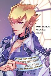 Rule 34 | 1boy, black choker, blonde hair, character name, choker, coat, collared coat, collared shirt, commentary request, dangle earrings, dated, earrings, english text, hand up, happy birthday, highres, holding, holding paper, indoors, jack atlas, jewelry, light particles, looking to the side, male focus, open mouth, paper, partially unbuttoned, purple eyes, shirt, short hair with long locks, shoulder spikes, smile, solo, spiked hair, spikes, studded choker, upper body, white coat, white shirt, window, y mykt y, yu-gi-oh!, yu-gi-oh! 5d&#039;s
