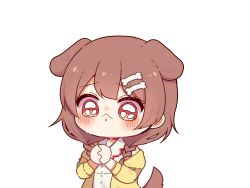 Rule 34 | 0725akaba, 1girl, :&lt;, animal ears, bare shoulders, blush, bone hair ornament, braid, brown eyes, brown hair, cartoon bone, chibi, closed mouth, dog ears, dog girl, dog tail, dress, hair ornament, hair over shoulder, highres, hololive, hood, hood down, hooded jacket, interlocked fingers, inugami korone, jacket, long hair, low twintails, off shoulder, open clothes, open jacket, own hands together, simple background, sleeveless, sleeveless dress, solo, tail, twin braids, twintails, upper body, virtual youtuber, white background, white dress, yellow jacket