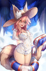 Rule 34 | 1girl, :d, absurdres, animal ears, arms behind back, beach umbrella, bikini, bikini under clothes, blue bikini, breasts, brown eyes, cleavage, cloud, cloudy sky, day, ears through headwear, fang, fate/grand order, fate (series), fox ears, fox tail, highres, innertube, large breasts, looking at viewer, naidong (artist), open mouth, outdoors, pink hair, see-through, shirt, sky, smile, solo, standing, striped clothes, striped shirt, swim ring, swimsuit, tail, tamamo (fate), tamamo no mae (fate/extra), tamamo no mae (swimsuit lancer) (fate), umbrella, vertical-striped clothes, vertical-striped shirt