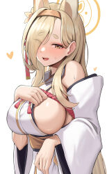 Rule 34 | 1girl, absurdres, animal ears, blonde hair, blue archive, blush, breasts, cleavage, commentary, fox ears, hair over one eye, hairband, halo, heart, highres, japanese clothes, kaho (blue archive), kimono, large breasts, long hair, looking at viewer, mole, mole under mouth, obi, onedoo, open mouth, sash, sideboob, simple background, smile, symbol-only commentary, upper body, very long hair, white background, wide sleeves, yellow eyes, yellow hairband