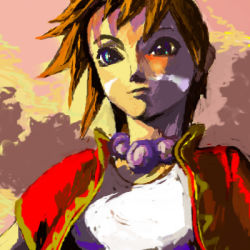 Rule 34 | 1girl, blue eyes, blush, brown hair, chrono (series), chrono cross, collarbone, jacket, jewelry, kid (chrono cross), long sleeves, lowres, necklace, open clothes, open jacket, pearl necklace, solo, upper body