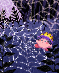 Rule 34 | blue eyes, bush, copy ability, forest, grass, hat, highres, kirby, kirby (series), leaf, looking up, miclot, nature, night, nintendo, no humans, open mouth, outdoors, purple headwear, rain, silk, spider kirby, spider web, water drop