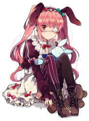 Rule 34 | 1girl, animal ears, asymmetrical legwear, bad id, bad pixiv id, black thighhighs, blush, boots, brown footwear, closed mouth, cropped jacket, cross-laced footwear, eyepatch, fake animal ears, hairband, highres, ikeuchi tanuma, juliet sleeves, knees up, lace-up boots, long hair, long sleeves, medical eyepatch, mismatched legwear, original, pink hair, puffy sleeves, purple thighhighs, rabbit ears, red eyes, simple background, sitting, solo, striped clothes, striped thighhighs, stuffed animal, stuffed rabbit, stuffed toy, teddy bear, thighhighs, twintails, vertical-striped clothes, vertical-striped thighhighs, wavy hair, white background