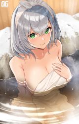 Rule 34 | 1girl, absurdres, bad id, bad pixiv id, bare shoulders, bath, bathing, blush, breasts, cleavage, collarbone, covering privates, green eyes, highres, hololive, large breasts, looking at viewer, mole, mole on breast, naked towel, nude cover, onsen, partially submerged, rock, shirogane noel, short hair, silver hair, sitting, smile, snowing, solo, towel, virtual youtuber, water, white towel, zelo6