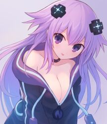 Rule 34 | 1girl, adult neptune, black choker, black hoodie, black jacket, blush, breasts, choker, cleavage, commentary, d-pad, d-pad hair ornament, hair between eyes, hair ornament, hood, hooded jacket, hoodie, jacket, large breasts, long hair, looking at viewer, neptune (series), no bra, off shoulder, partially unzipped, purple eyes, purple hair, simple background, solo, suta (clusta), tongue, tongue out, usb, zipper