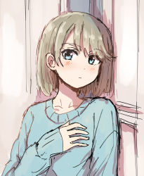 Rule 34 | 1girl, absurdres, betock, blue eyes, blue sweater, blush, closed mouth, collarbone, commentary request, hand on own chest, highres, light brown hair, long sleeves, looking at viewer, original, short hair, sleeves past wrists, solo, sweater, upper body
