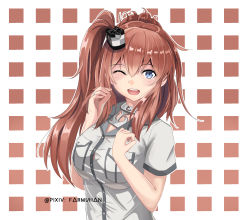 Rule 34 | 1girl, anchor, artist name, blue eyes, blush, breast pocket, breasts, brown hair, farmuhan, hair between eyes, hair ornament, hands up, highres, jewelry, kantai collection, large breasts, long hair, looking at viewer, one eye closed, open mouth, pocket, ponytail, red neckwear, ring, saratoga (kancolle), shirt, side ponytail, sidelocks, smile, smokestack, solo, wedding band