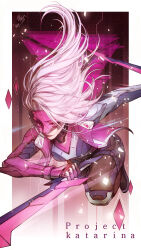 Rule 34 | 1girl, absurdres, bebseo, breasts, character name, cyborg, dagger, dual wielding, floating hair, highres, holding, holding dagger, holding knife, holding weapon, jacket, jumping, katarina (league of legends), knife, league of legends, lipstick, long hair, makeup, mechanical arms, medium breasts, project: katarina, project (league of legends), purple eyes, purple jacket, red lips, sidelocks, simple background, solo, visor (armor), weapon, white hair