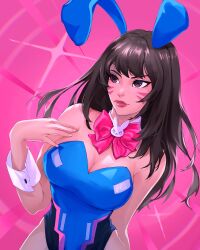 Rule 34 | 1girl, adapted costume, animal ears, artist name, blue leotard, bow, breasts, brown eyes, brown hair, cleavage, d.va (overwatch), detached collar, facepaint, fake animal ears, hand on own chest, head tilt, heart, heart-shaped pupils, highres, leotard, long hair, looking to the side, medium breasts, noush, overwatch, overwatch 2, pink background, pink bow, playboy bunny, rabbit ears, red lips, smile, solo, sparkle, symbol-shaped pupils, wrist cuffs