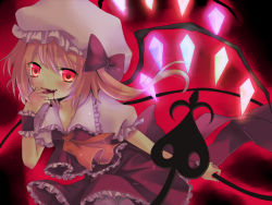 Rule 34 | 1girl, ascot, blonde hair, blood, female focus, flandre scarlet, hat, laevatein, looking at viewer, open mouth, red eyes, smile, solo, embodiment of scarlet devil, touhou, wings, yumemomosaka
