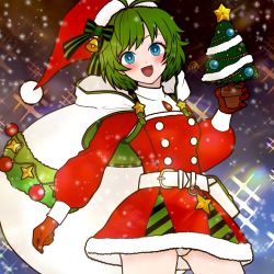 Rule 34 | 1girl, :d, bell, belt, blue eyes, cape, christmas, christmas tree, dress, fire emblem, fire emblem: the blazing blade, fire emblem heroes, fur-trimmed dress, fur-trimmed headwear, fur trim, gloves, green hair, hat, long sleeves, looking at viewer, m0fa0, merry christmas, nino (fire emblem), nino (winter) (fire emblem), nintendo, official alternate costume, open mouth, panties, pantyshot, red dress, red gloves, santa costume, santa hat, short hair, smile, snowing, solo, star (symbol), underwear, white cape, white panties