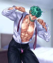 Rule 34 | 1boy, abs, aqua hair, bara, black pants, brushing teeth, carless (ppanic), collared shirt, covered eyes, facial hair, fire emblem, fire emblem: the blazing blade, fire emblem cipher, hair over eyes, highres, holding, holding toothbrush, large pectorals, lowen (fire emblem), male focus, male underwear, male underwear peek, muscular, muscular male, navel, necktie, nintendo, nipples, open clothes, open shirt, pants, pectorals, shirt, short hair, solo, toothbrush, underwear, undone necktie, white shirt