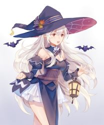 Rule 34 | 1girl, bad id, bad twitter id, bare shoulders, breasts, cleavage, corrin (female) (fire emblem), corrin (fire emblem), fire emblem, fire emblem fates, hair between eyes, hair ornament, hairband, halloween, hat, llicornia, long hair, looking at viewer, medium breasts, nintendo, open mouth, pointy ears, red eyes, silver hair, simple background, skirt, smile, solo, standing, witch, witch hat