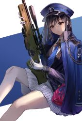 Rule 34 | 1girl, absurdres, ai arctic warfare, black hair, blue coat, blue hat, blue jacket, blue necktie, bolt action, coat, collared shirt, commentary request, commission, diesel (nikke), earrings, gloves, goddess of victory: nikke, gun, hat, highres, holding, holding gun, holding weapon, jacket, jewelry, ken shiro, long hair, looking at viewer, military, military hat, military uniform, necktie, off shoulder, pleated skirt, rifle, shirt, sitting, skirt, sniper rifle, solo, triangle earrings, two-tone background, uniform, weapon, white gloves, white shirt, white skirt