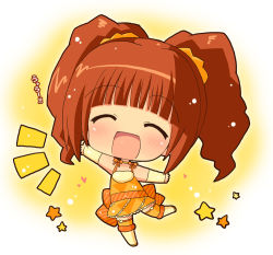 Rule 34 | 00s, 1girl, brown hair, chibi, cute &amp; girly (idolmaster), closed eyes, hahifuhe, idolmaster, idolmaster (classic), mini morning, open mouth, orange hair, outstretched arms, skirt, solo, takatsuki yayoi, thighhighs, twintails