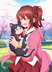 Rule 34 | 1girl, :d, :o, absurdres, animal, black necktie, blurry, blurry background, bracelet, brown hair, cat, cherry blossoms, day, doukyonin wa hiza tokidoki atama no ue., hair ornament, hair scrunchie, hairclip, haru (doukyonin wa hiza tokidoki atama no ue.), highres, holding, holding animal, holding cat, idolmaster, idolmaster million live!, idolmaster million live! theater days, jacket, jewelry, kasuga mirai, necktie, one side up, open mouth, outdoors, pink jacket, raby vivid, red eyes, red scrunchie, red skirt, scrunchie, short hair, skirt, smile, tree, yellow eyes