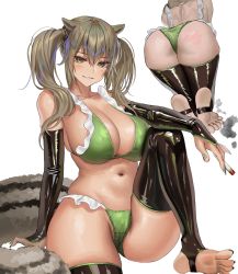 Rule 34 | 1girl, animal ears, ass, bare shoulders, bikini, black gloves, black thighhighs, breasts, brown hair, cleavage, collarbone, copyright request, crotch seam, elbow gloves, feet, frilled bikini, frills, gloves, green bikini, green eyes, grin, highres, knee up, large breasts, latex, latex gloves, latex legwear, long hair, looking at viewer, multiple views, myabit, nail polish, navel, simple background, sitting, smile, stomach, swimsuit, tail, thighhighs, thighs, toeless legwear, toenail polish, toenails, twintails, white background