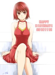 Rule 34 | 1girl, arc the lad, arc the lad iii, brown eyes, brown hair, cheryl (arc the lad), choker, closed mouth, dated, dress, happy birthday, looking at viewer, red choker, red dress, short hair, signature, sitting, skirt, solo, white background, yahiro (sr ochadoki)