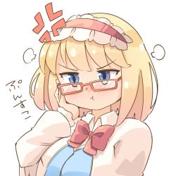 Rule 34 | 1girl, :t, puff of air, alice margatroid, anger vein, arnest, bespectacled, blonde hair, blue dress, blue eyes, blush, bow, bowtie, capelet, commentary request, dress, frilled hairband, frills, glasses, hairband, hand on own cheek, hand on own face, hand up, lolita hairband, long sleeves, looking at viewer, looking over eyewear, nose blush, puffy sleeves, red-framed eyewear, red bow, red bowtie, red hairband, short hair, simple background, solo, touhou, translation request, upper body, v-shaped eyebrows, white background, white capelet, wing collar