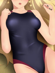Rule 34 | 1girl, black nails, black one-piece swimsuit, blonde hair, breasts, collarbone, competition swimsuit, earrings, fate/grand order, fate (series), head out of frame, ishtar (fate), ishtar (fate), jewelry, long hair, medium breasts, nail polish, one-piece swimsuit, solo, sparkle, swimsuit, very long hair, yadokari genpachirou
