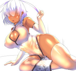 Rule 34 | 1girl, bare shoulders, black thighhighs, breasts, china dress, chinese clothes, cleavage, cleavage cutout, clothing cutout, dark-skinned female, dark skin, dress, elbow gloves, gloves, hair over eyes, huge breasts, original, parted lips, silver hair, simple background, solo, souma (ordures), staff, star (symbol), thighhighs, thighs, tsuwabuki, tsuwabuki (souma (ordures)), white background