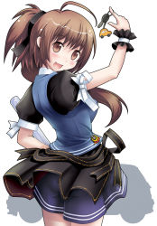 Rule 34 | 1girl, :d, ahoge, brown eyes, brown hair, buchako, chiba (city), high ponytail, charm (object), long hair, looking at viewer, looking back, matsumiya aya, open mouth, original, police, ponytail, simple background, skirt, smile, solo, standing, traffic baton, white background, wrist cuffs