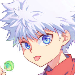 Rule 34 | 1boy, blue eyes, candy, commentary request, dated commentary, food, hair between eyes, holding, holding candy, holding food, holding lollipop, hunter x hunter, kariki hajime, killua zoldyck, lollipop, looking at viewer, male focus, messy hair, portrait, simple background, solo, spiked hair, tongue, tongue out, white background, white hair