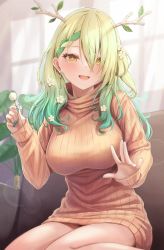 Rule 34 | 1girl, absurdres, antlers, bare legs, blush, braid, branch, breasts, ceres fauna, earrings, flower, green hair, hair flower, hair ornament, highres, hololive, hololive english, horns, indoors, jewelry, large breasts, leaf, long hair, long sleeves, looking at viewer, mimikaki, mole, multicolored hair, nail polish, on floor, open mouth, seiza, sitting, smile, sweater, tachibana yuu (shika), turtleneck, turtleneck sweater, virtual youtuber, wavy hair