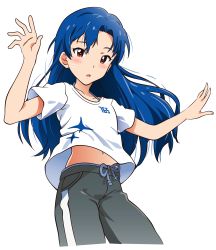Rule 34 | 1girl, absurdres, akizuki ritchan, bare arms, blue hair, brown eyes, cowboy shot, cropped legs, dot nose, eyebrows hidden by hair, flat chest, grey pants, heart, heart in eye, highres, idolmaster, idolmaster (classic), kisaragi chihaya, long hair, looking at viewer, md5 mismatch, midriff peek, navel, pants, parted lips, red eyes, resolution mismatch, shirt, short sleeves, simple background, solo, source larger, star (symbol), star print, sweatdrop, sweatpants, symbol in eye, t-shirt, tareme, transparent background, upshirt, white background, white shirt