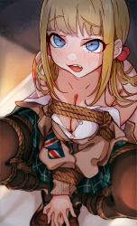 Rule 34 | 1girl, bare shoulders, blonde hair, blue eyes, blunt bangs, blush, bound, bound arms, bound legs, breasts, brown legwear, cleavage, commentary request, highres, loafers, long hair, off shoulder, original, pleated skirt, school uniform, shoes, skirt, solo, teeth, toro3