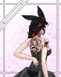 Rule 34 | animal ears, back, back tattoo, braid, breasts, corset, cowboy shot, dress, earrings, floral print, flower, french braid, from behind, hair flower, hair ornament, hand on back, highres, jewelry, less, medium breasts, pink background, rabbit ears, rabbit girl, rabbit tail, red flower, rose, skull tattoo, solo, standing, tail, tattoo, tiger tattoo