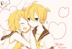 Rule 34 | 1boy, 1girl, :/, ^ ^, ahoge, aqua eyes, bare arms, black sailor collar, blonde hair, bow, character name, closed eyes, closed mouth, english text, hair between eyes, hair bow, hair ornament, hairband, hairclip, headphones, heart, jitome, kagamine len, kagamine rin, leaning on person, looking away, moso4, neckerchief, necktie, open mouth, rin rin signal (vocaloid), sailor collar, shirt, short hair, short sleeves, simple background, sleeveless, sleeveless shirt, song name, treble clef, vocaloid, white background, white bow, white hairband, white shirt, yellow neckerchief, yellow necktie