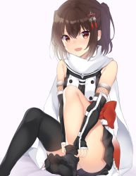 Rule 34 | 1girl, :d, ass, black gloves, black skirt, black thighhighs, brown eyes, brown hair, elbow gloves, fingerless gloves, gloves, hair ornament, highres, kantai collection, looking at viewer, no shoes, open mouth, scarf, school uniform, sendai (kancolle), sendai kai ni (kancolle), serafuku, short hair, simple background, sitting, skirt, smile, solo, thighhighs, two side up, white background, white scarf, yuzuttan