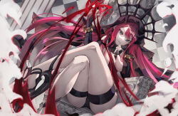Rule 34 | 1girl, absurdres, ass, baobhan sith (fate), baobhan sith (second ascension) (fate), black footwear, black nails, blood, bracelet, breasts, checkered background, crossed legs, detached sleeves, earrings, fate/grand order, fate (series), feet out of frame, grey eyes, hand up, high heels, highres, hoop earrings, jewelry, lankuchashuangjielong, legs, long hair, long sleeves, looking at viewer, nail polish, panties, pantyshot, parted lips, pink hair, pointy ears, revealing clothes, sidelocks, sitting, smile, solo, spiked bracelet, spikes, teeth, thigh strap, thighs, throne, underwear, veil