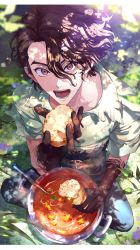Rule 34 | 1boy, absurdres, asymmetrical bangs, black hair, black pants, bread, brown eyes, day, dr. stone, food, full body, hair between eyes, highres, holding, holding food, indian style, koujisako, letterboxed, looking at viewer, male focus, nanami sai, open mouth, outdoors, pants, pot, shirt, short sleeves, sitting, solo, stew, white shirt