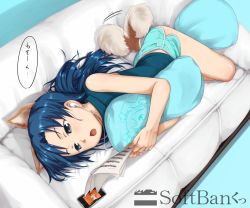 Rule 34 | 00s, 1girl, :o, animal ears, blue eyes, blue hair, cellphone, couch, dog ears, dog tail, earphones, idolmaster, idolmaster (classic), kemonomimi mode, kisaragi chihaya, long hair, lying, matching hair/eyes, hugging object, on side, open mouth, phone, pillow, pillow hug, sheet music, shorts, smartphone, solo, tail, tail wagging, translation request, ttomm