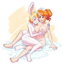 Rule 34 | 2girls, animal ears, bath, bathing, blonde hair, blush, breasts, brown eyes, bubble bath, carrot (one piece), eyebrows, eyelashes, female focus, furry, furry female, itsdatskelebutt, knees, large breasts, long hair, multiple girls, nami (one piece), nipples, nude, one piece, open mouth, orange hair, rabbit ears, rabbit tail, short hair, sitting, smile, soap, tail