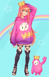 Rule 34 | 1girl, 1other, abominaticus, absurdres, blue eyes, blush, crown, dress, fall guy, fall guys, final fantasy, final fantasy xiv, full body, grin, hair ribbon, hand on own head, highres, long hair, looking up, orange hair, rainbow, ribbon, ryne waters, smile, solo focus, sweater, sweater dress