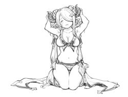 Rule 34 | 1girl, :d, bikini, breasts, cleavage, commentary request, earrings, facing viewer, granblue fantasy, greyscale, hair over one eye, hands up, haoni, head tilt, horns, jewelry, kneeling, large breasts, long hair, monochrome, narmaya (granblue fantasy), narmaya (summer) (granblue fantasy), one eye covered, open mouth, panties, pointy ears, sandals, simple background, sketch, smile, solo, swimsuit, thigh gap, underwear, very long hair, white background, white bikini